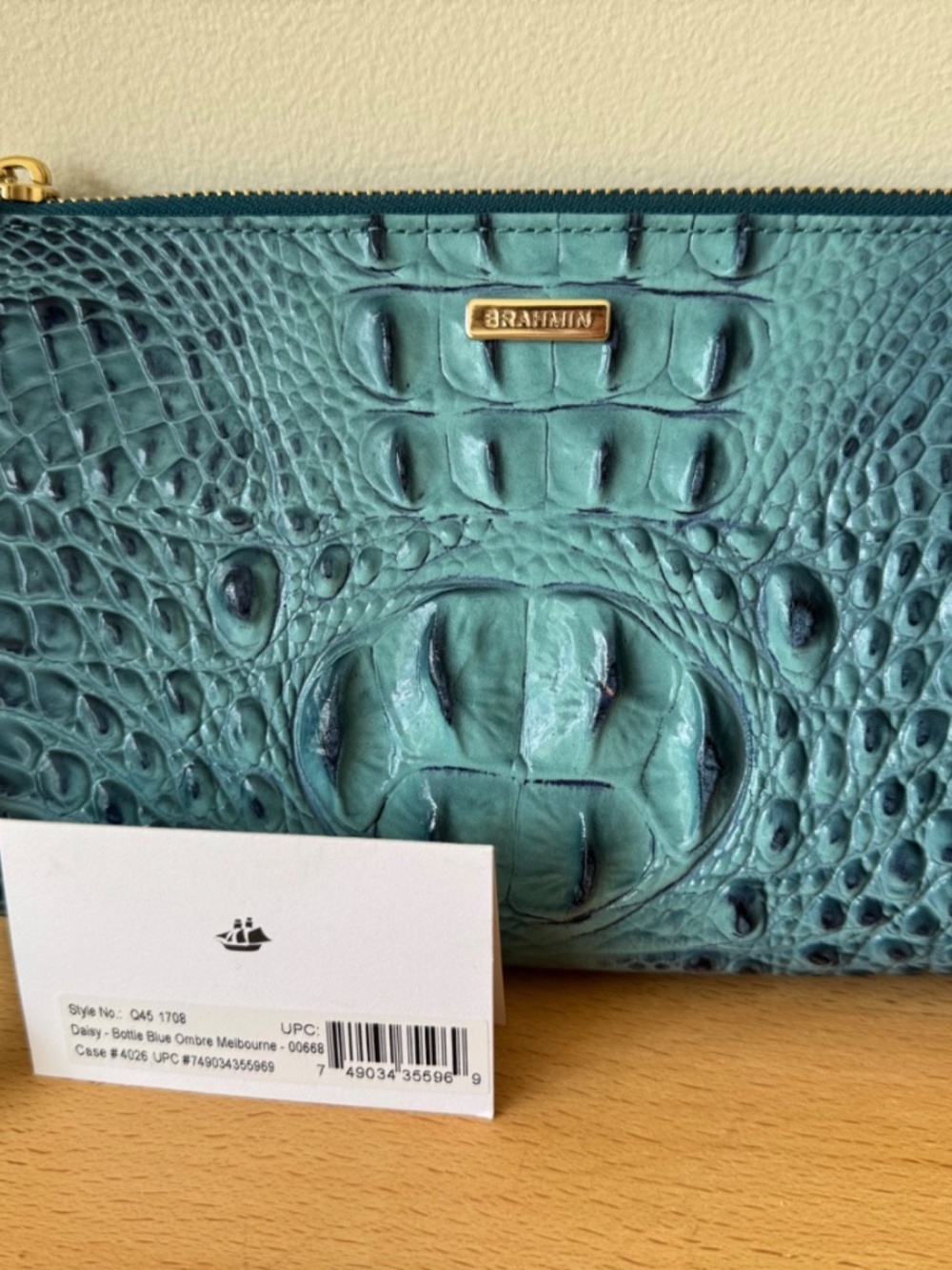 Brahmin Daisy Croc Leather Wristlet Bag Clutch Bottle Blue Ombre Melbourne New